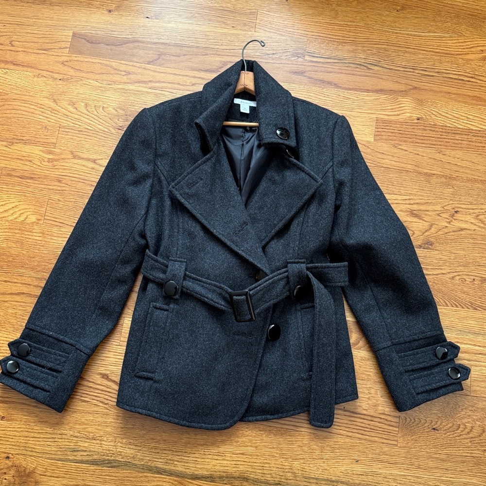 Dress Barn Charcoal Grey Women's Double-Breasted Short Pea Coat with Belt